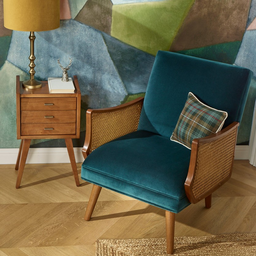 CUBA - Sillón de estilo nórdico en terciopelo, madera maciza y reposabrazos de rejilla, 1 plaza