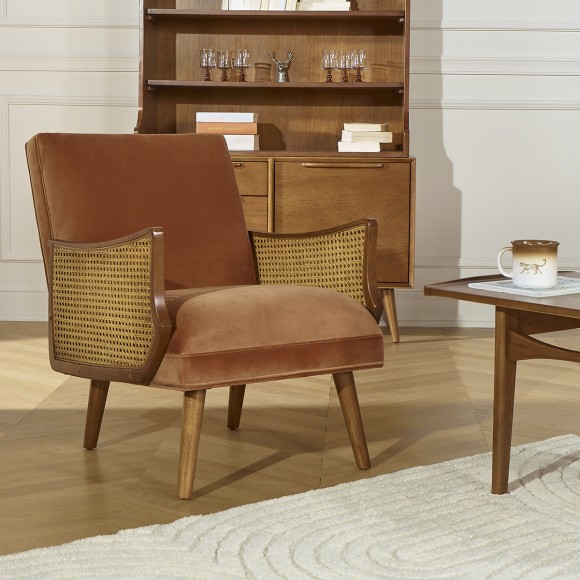 CUBA - Nordic style armchair in velvet, solid wood, and rattan armrests, 1 seat