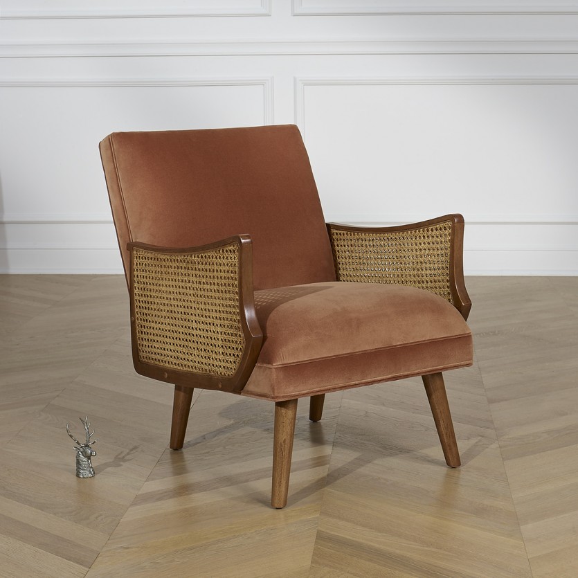 CUBA - Nordic style armchair in velvet, solid wood, and rattan armrests, 1 seat