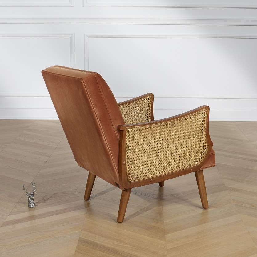CUBA - Nordic style armchair in velvet, solid wood, and rattan armrests, 1 seat