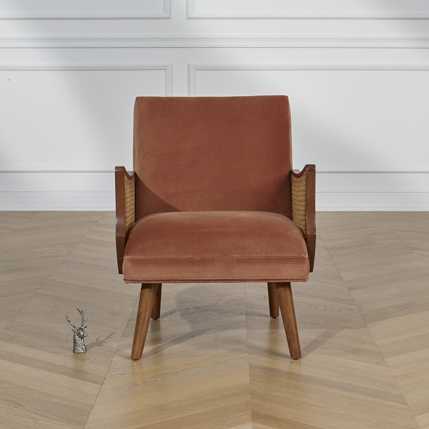 CUBA - Nordic style armchair in velvet, solid wood, and rattan armrests, 1 seat