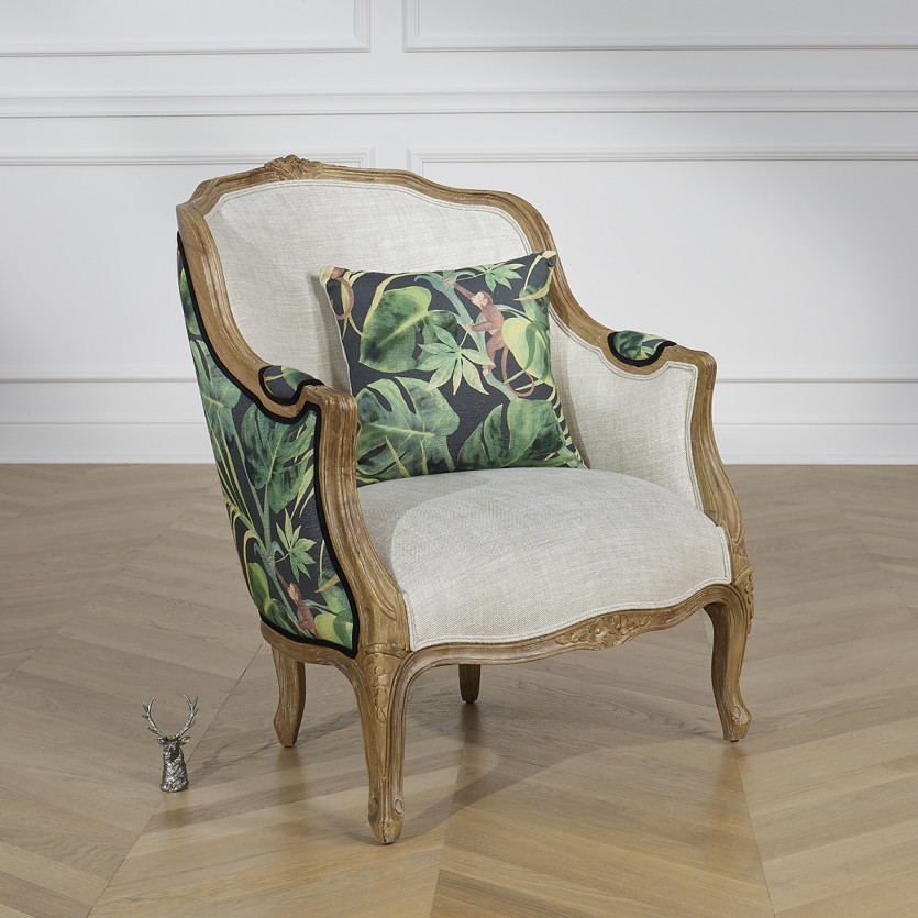 Poltrona bergère VICTOR JUNGLE - Estilo romântico em madeira, linho e tecido estampado, 1 lugar
