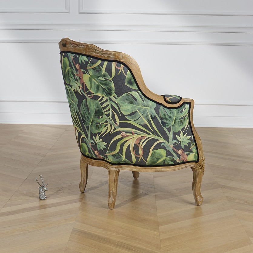 Poltrona bergère VICTOR JUNGLE - Estilo romântico em madeira, linho e tecido estampado, 1 lugar