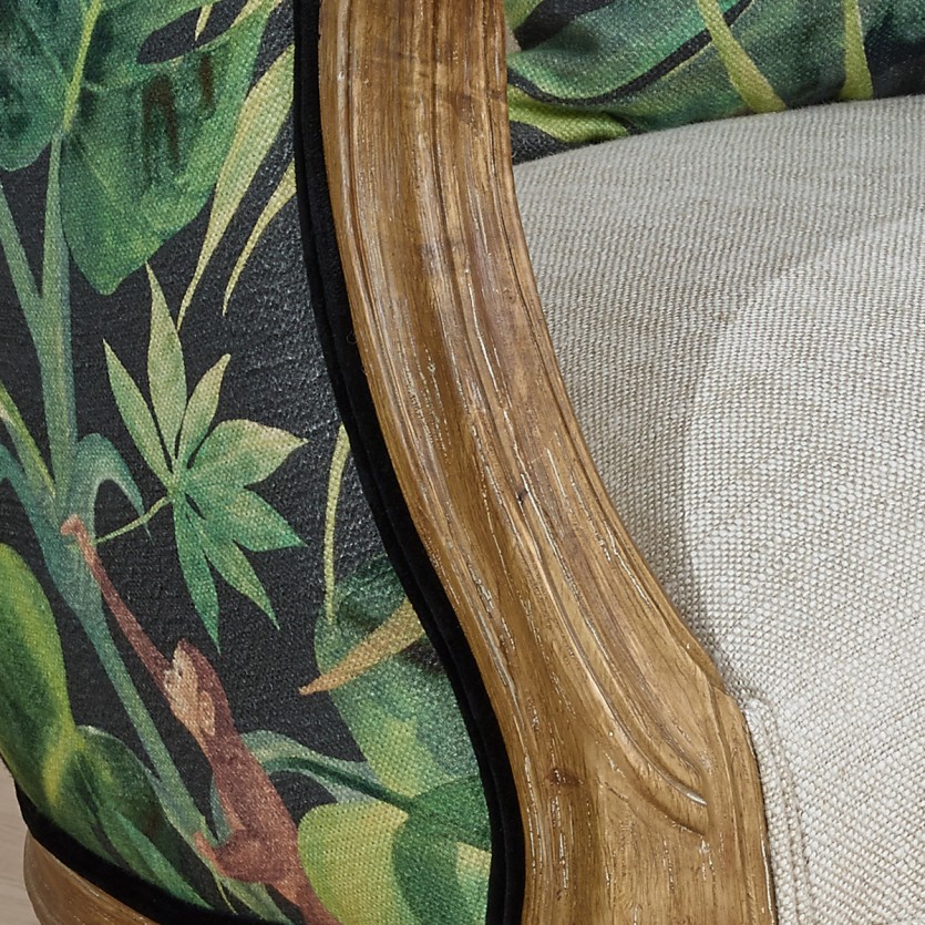 Poltrona bergère VICTOR JUNGLE - Estilo romântico em madeira, linho e tecido estampado, 1 lugar