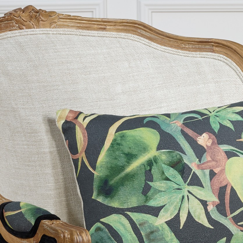 Poltrona bergère VICTOR JUNGLE - Estilo romântico em madeira, linho e tecido estampado, 1 lugar