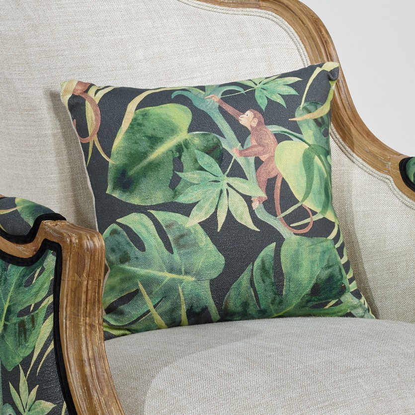 Poltrona bergère VICTOR JUNGLE - Estilo romântico em madeira, linho e tecido estampado, 1 lugar