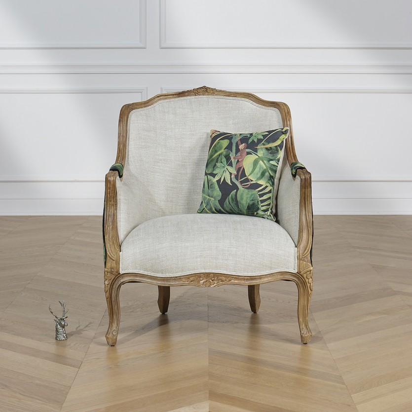 Poltrona bergère VICTOR JUNGLE - Estilo romântico em madeira, linho e tecido estampado, 1 lugar
