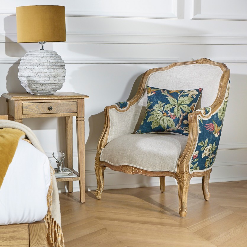 Bergère-Sessel VICTOR LOPHURA - Shabby-Chic-Stil aus massivem Holz und Premium-Leinen, 1-Sitzer
