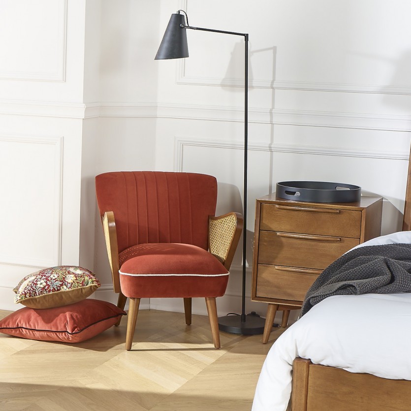SEVENTY - Fauteuil style nordique en tissu velours et cannage, 1 place