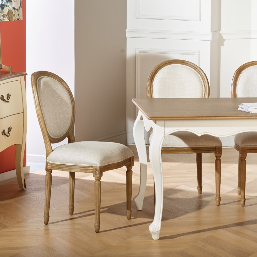 Set di 2 sedie MEDAILLON - Stile shabby chic in legno massello e lino premium