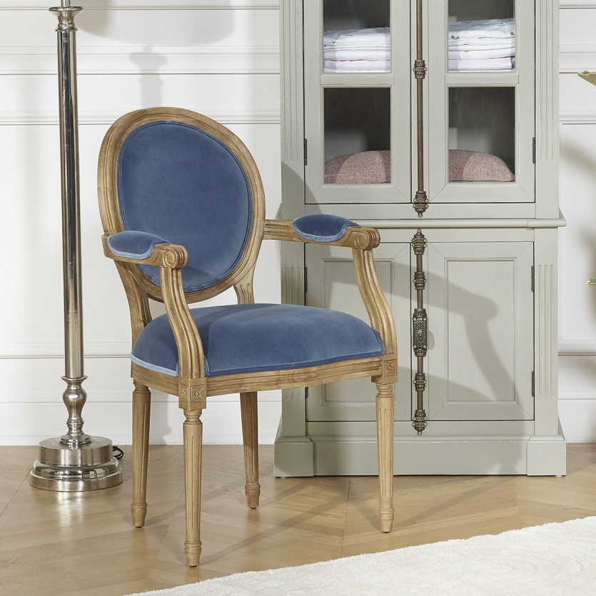 Poltrona da tavolo MEDAILLON - Stile classico, in legno massiccio e velluto blu Louis, 1 posto