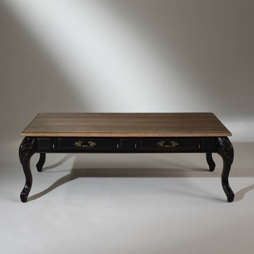 MARIANNE - Table basse style shabby chic, plateau en chêne, 4 tiroirs, bois certifié FSC®