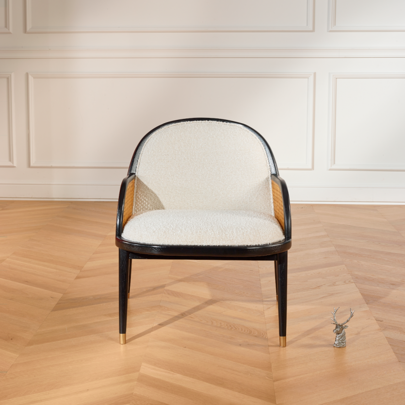 MARCEL – Modern style armchair in rattan, solid wood, and boucle effect fabric, 1 seat