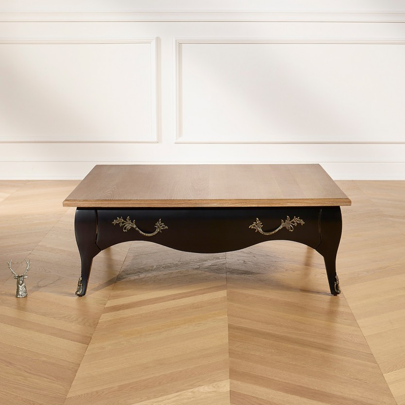 BARBARA - Vierkante salontafel in romantische stijl, blad van eikenhout, 1 lade