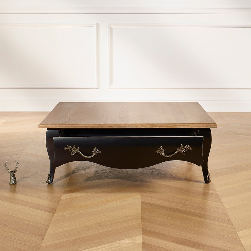 BARBARA - Square coffee table with a romantic style, oak top, 1 drawer