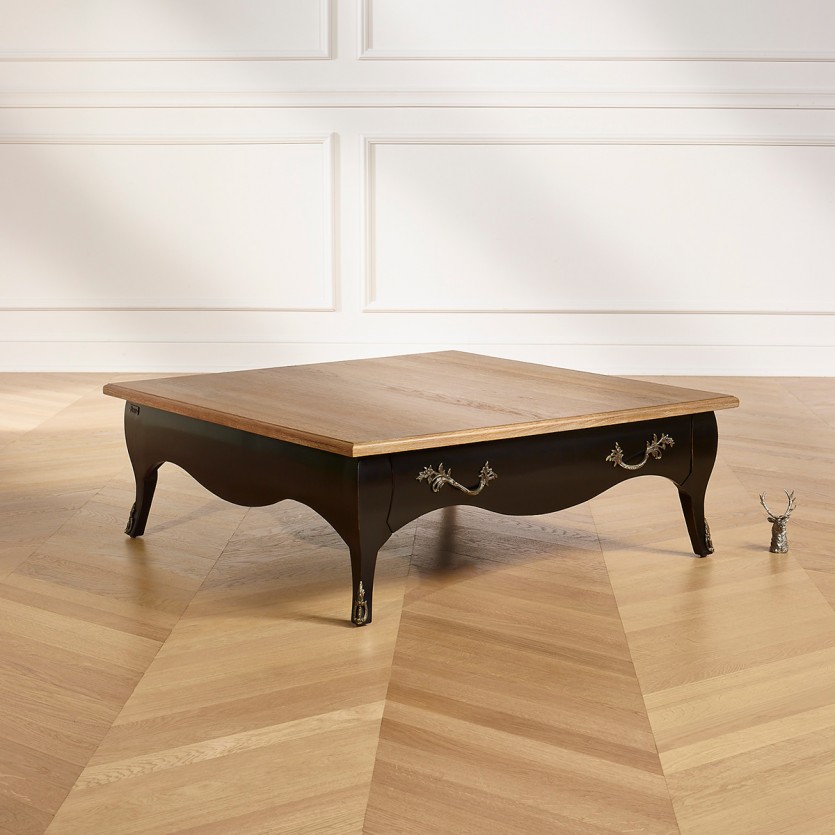 BARBARA - Tavolino quadrato in stile romantico, piano in rovere, 1 cassetto