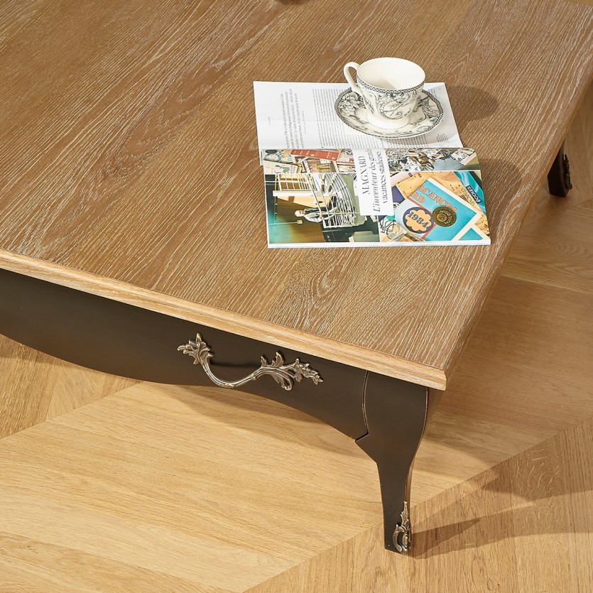 BARBARA - Square coffee table with a romantic style, oak top, 1 drawer