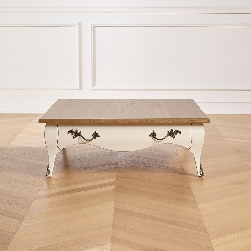 BARBARA - Square coffee table with a romantic style in solid wood, oak top, 1 drawer