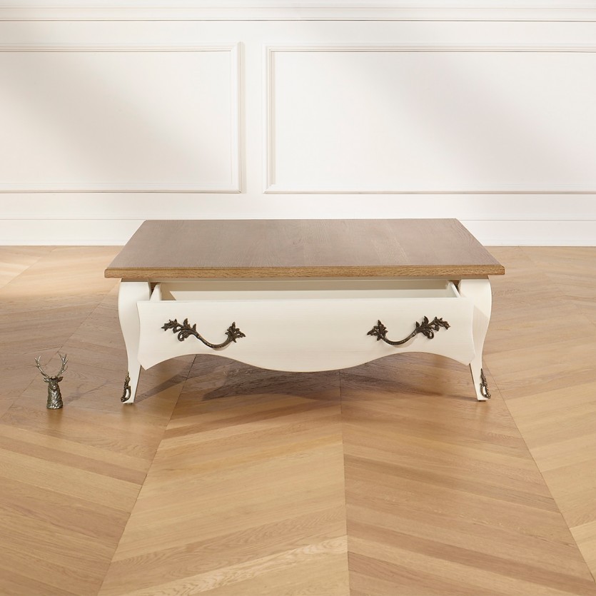 BARBARA - Romantischer quadratischer Couchtisch aus Massivholz, Eichenplatte, 1 Schublade