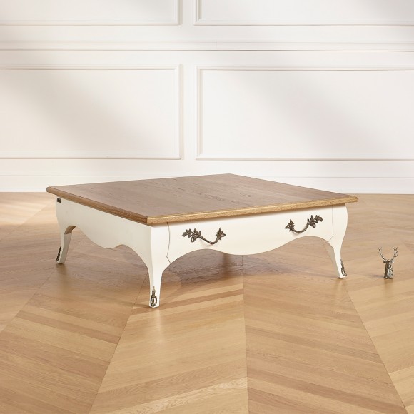 BARBARA - Table basse carrée style romantique en bois massif, plateau en chêne, 1 tiroir