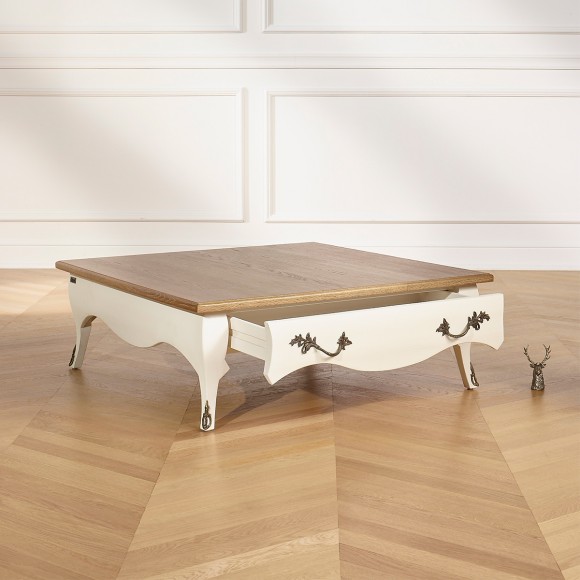 BARBARA - Table basse carrée style romantique en bois massif, plateau en chêne, 1 tiroir