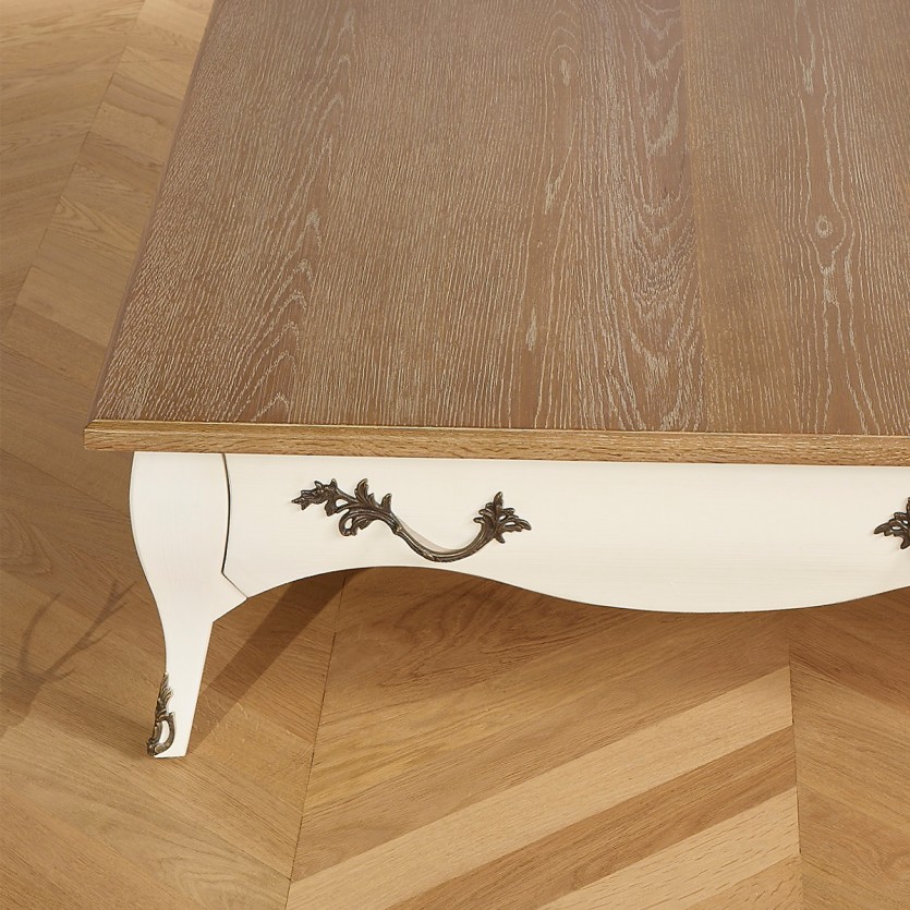 BARBARA - Romantischer quadratischer Couchtisch aus Massivholz, Eichenplatte, 1 Schublade