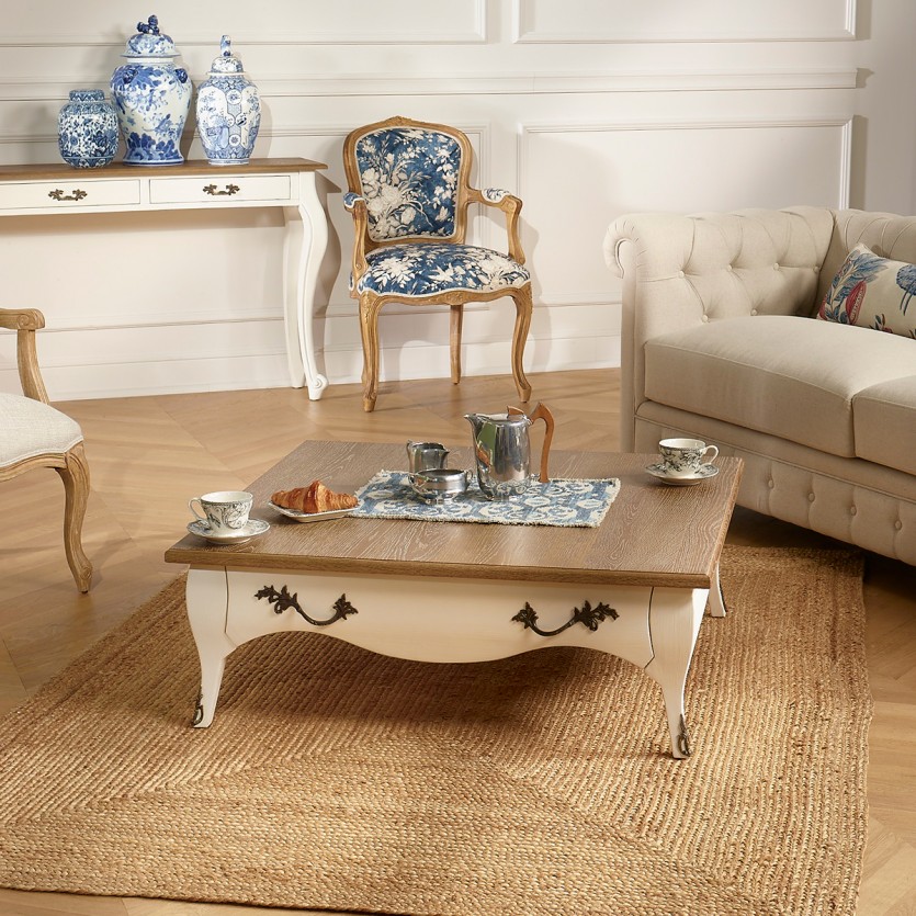 BARBARA - Romantischer quadratischer Couchtisch aus Massivholz, Eichenplatte, 1 Schublade