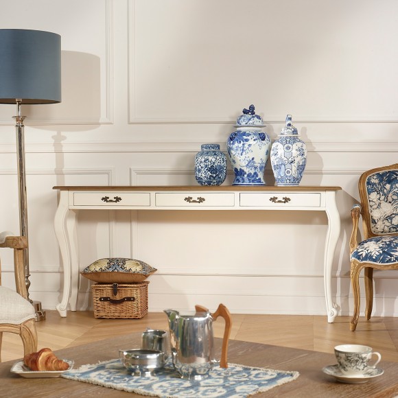 LOUIS-zijtafel - Romantische stijl, eikenhouten blad, 3 lades