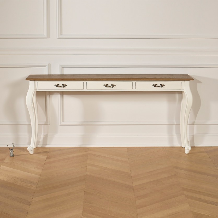 Grande console LOUIS - Stile romantico in legno massiccio, piano in rovere, 3 cassetti