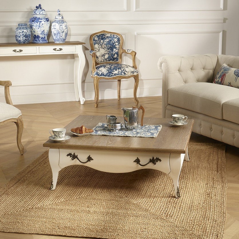 BARBARA - Romantischer quadratischer Couchtisch aus Massivholz, Eichenplatte, 1 Schublade