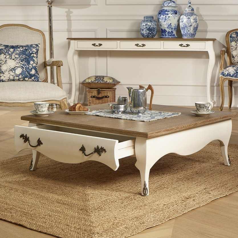 BARBARA - Romantischer quadratischer Couchtisch aus Massivholz, Eichenplatte, 1 Schublade