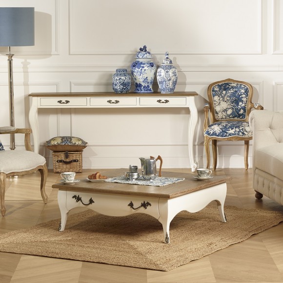 BARBARA - Tavolino quadrato in stile romantico in legno massello, piano in rovere, 1 cassetto