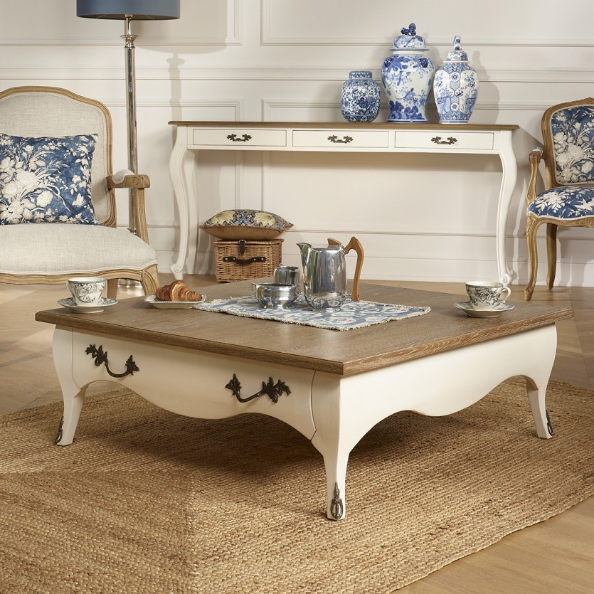 BARBARA - Romantischer quadratischer Couchtisch aus Massivholz, Eichenplatte, 1 Schublade