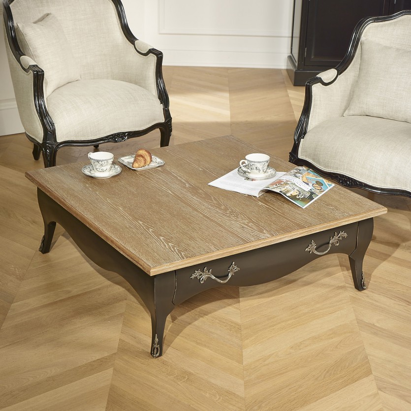 BARBARA - Vierkante salontafel in romantische stijl, blad van eikenhout, 1 lade