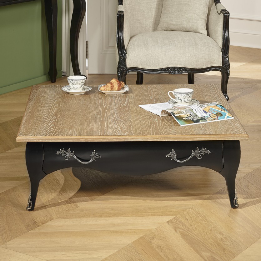 BARBARA - Square coffee table with a romantic style, oak top, 1 drawer