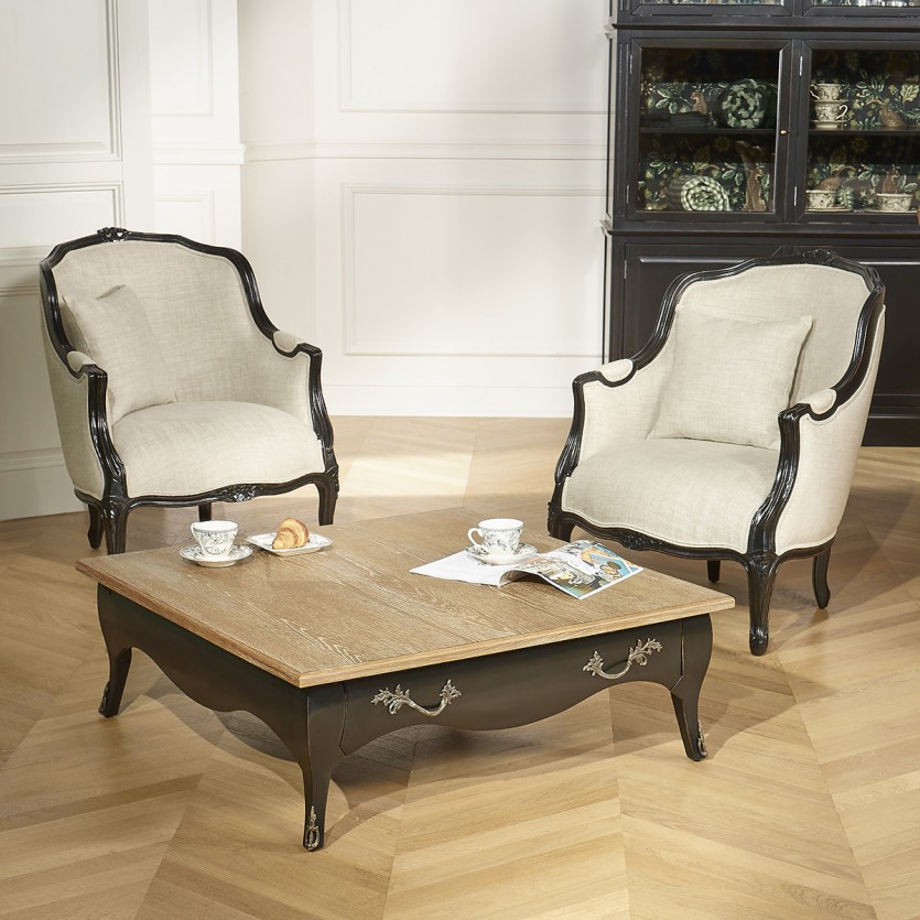 BARBARA - Quadratischer Couchtisch im romantischen Stil, Eichenplatte, 1 Schublade