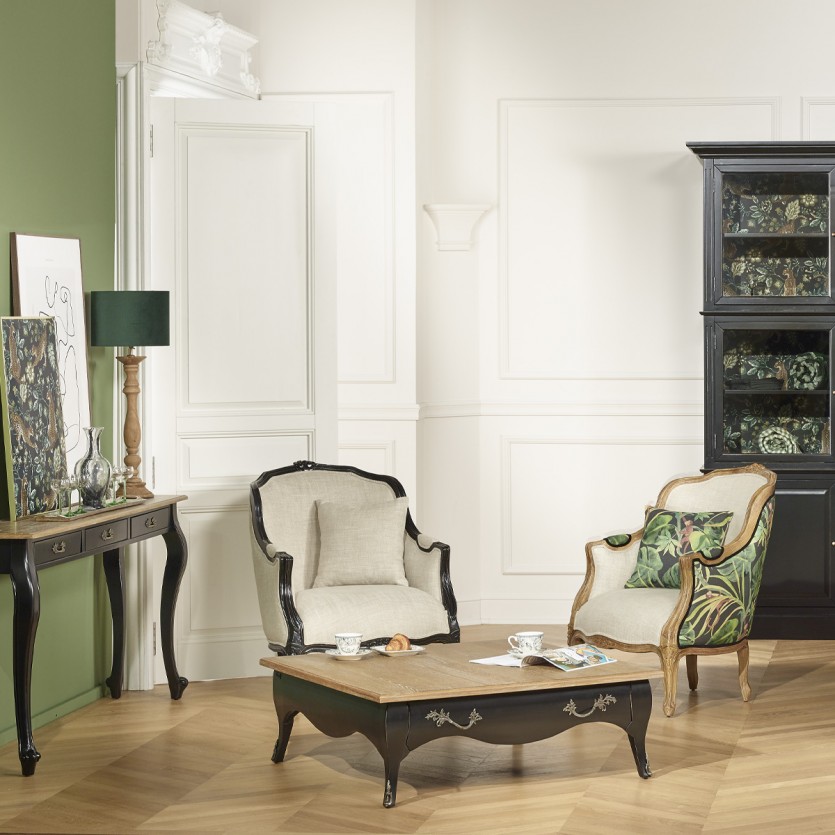 BARBARA - Vierkante salontafel in romantische stijl, blad van eikenhout, 1 lade