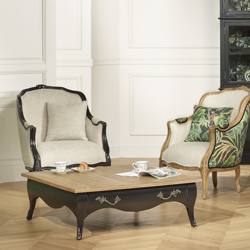 BARBARA - Vierkante salontafel in romantische stijl, blad van eikenhout, 1 lade