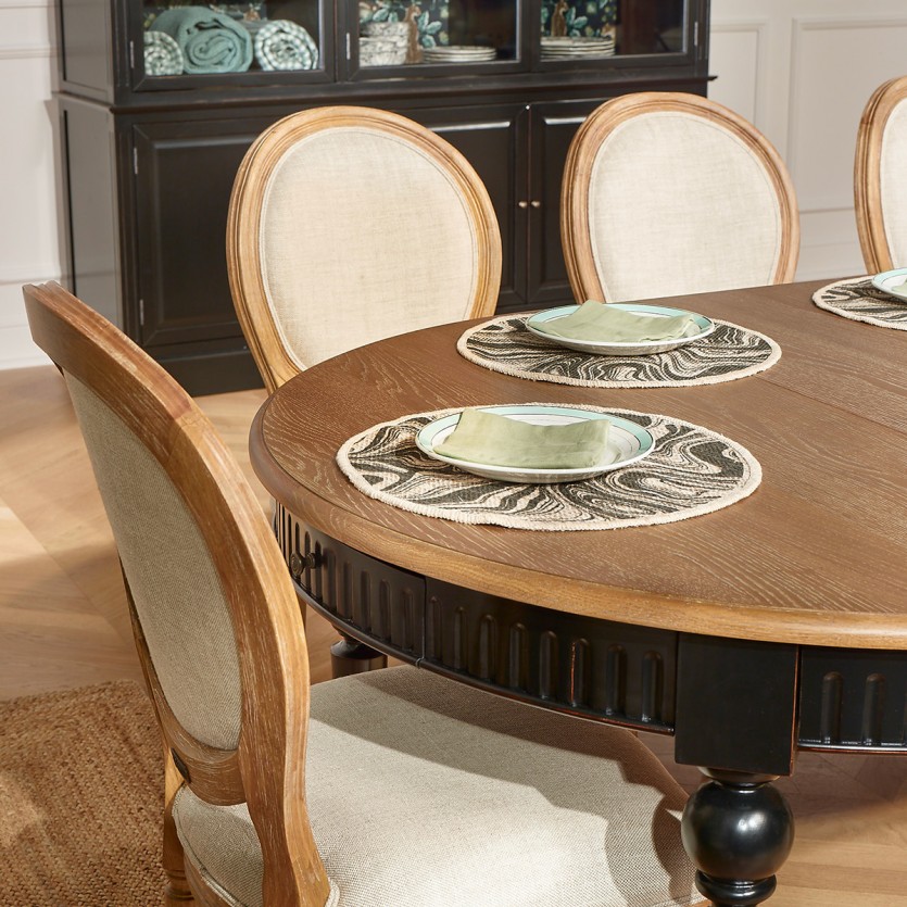 Table à manger extensible AUDE - Style romantique en chêne, 6/14 couverts, bois certifié FSC®