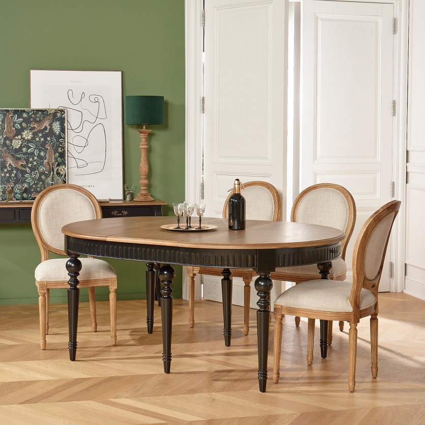 Table à manger extensible AUDE - Style romantique en chêne, 6/14 couverts, bois certifié FSC®
