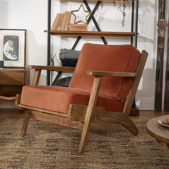 ALESIA - Poltrona in stile vintage in rovere e tessuto di velluto di cotone, 1 posto