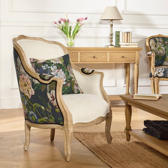 Victor Graphite Bergère Armchair - Regency style, printed linen and premium linen, solid wood, 1 seat