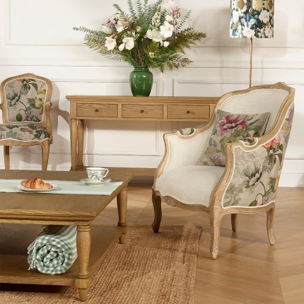 Fauteuil bergère VICTOR COUNTRY - Style romantique en lin premium, 1 place