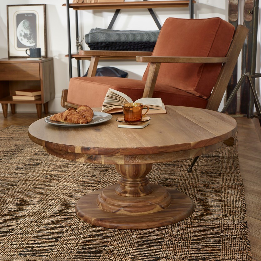 TODD - Tavolino rotondo stile chalet, base centrale in legno massiccio, 80 cm