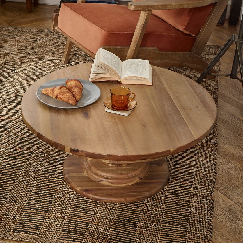 TODD - Runder Couchtisch im Chalet-Stil, zentraler Fuß aus Massivholz, 80 cm