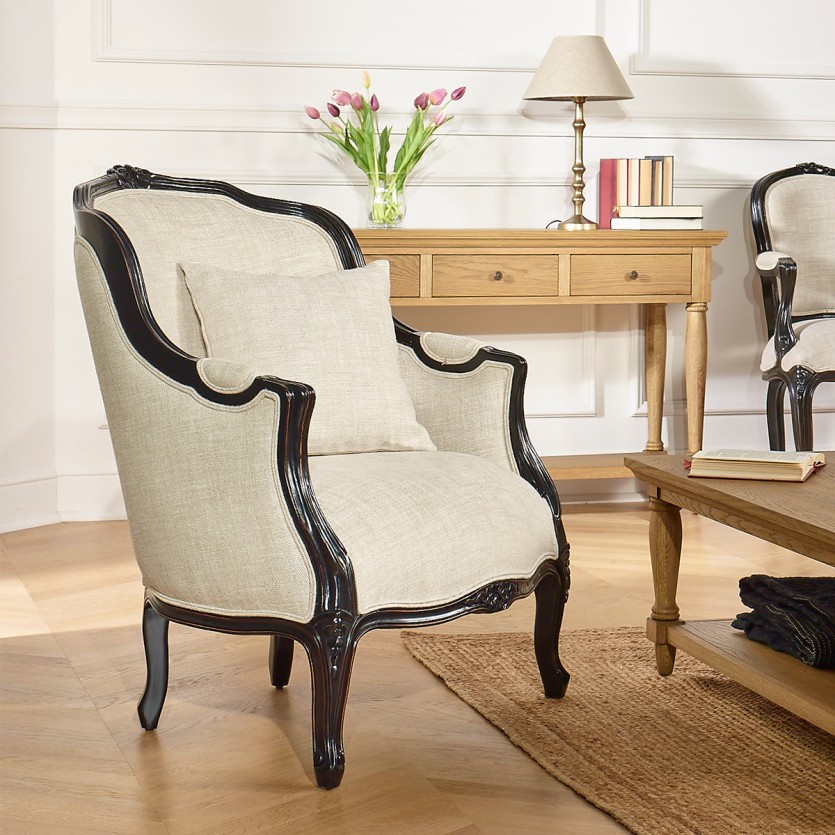 VICTOR NIGHT - Fauteuil style shabby chic en bois, couleur noire et tissu lin premium, 1 place