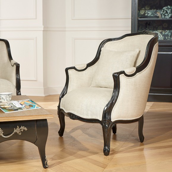 Fauteuil bergère VICTOR NIGHT - Shabby chic stijl in hout, zwarte kleur en premium linnen stof, 1 zitplaats