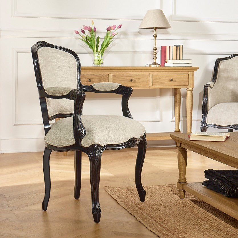 LOUVRE NIGHT Cabriolet Armchair - Louis XV Style black and white in solid wood and linen fabric, 1 seat