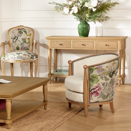 CAROLE COUNTRY Barrel Chair – Romantic style in solid wood, premium linen and floral fabric, 1 seat