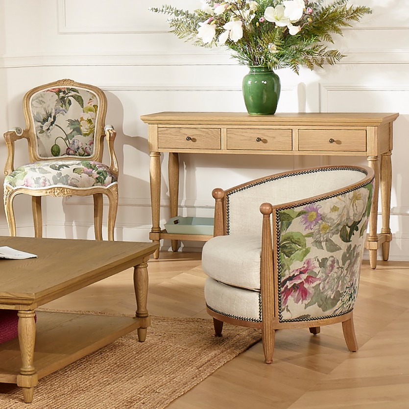 Sillón tonel CAROLE COUNTRY – Estilo romántico en madera maciza, lino premium y tela floral, 1 plaza